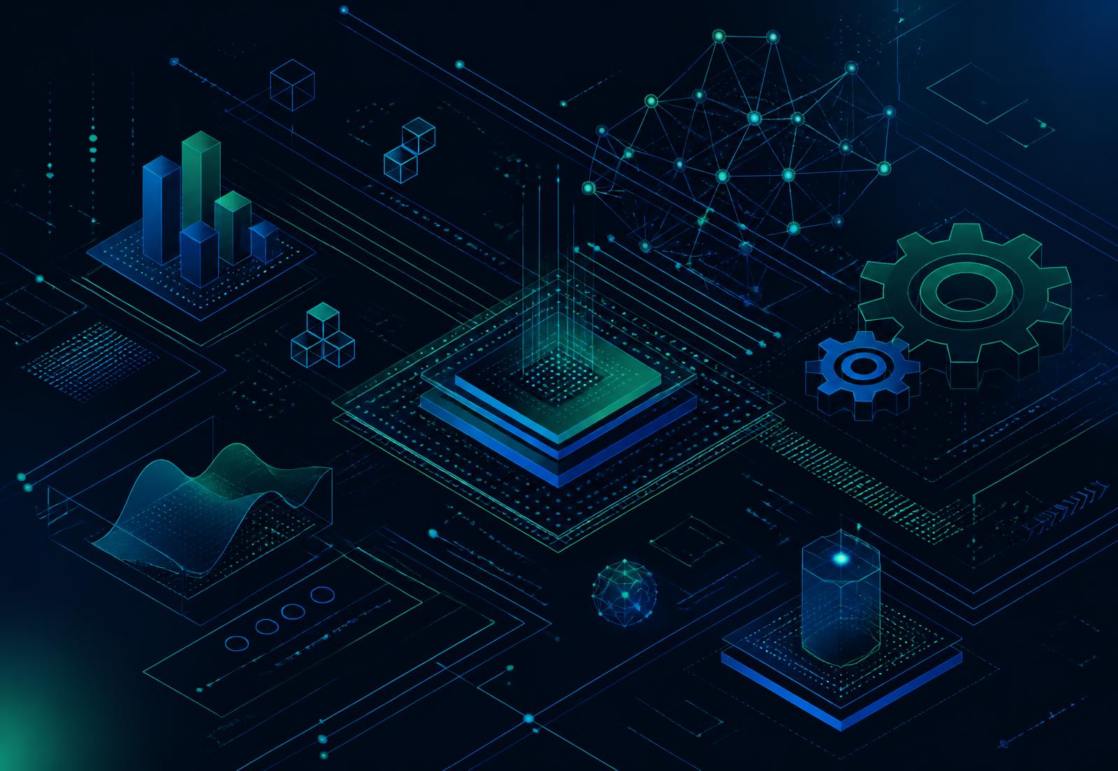 Isometric illustration of engineering and AI systems